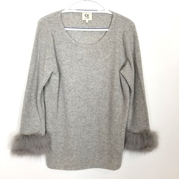 Qi Sweaters - QI Cashmere Women Cashmere Ribbed Knit Sweater Sz L Gray Faux Fur Cuff  Crew